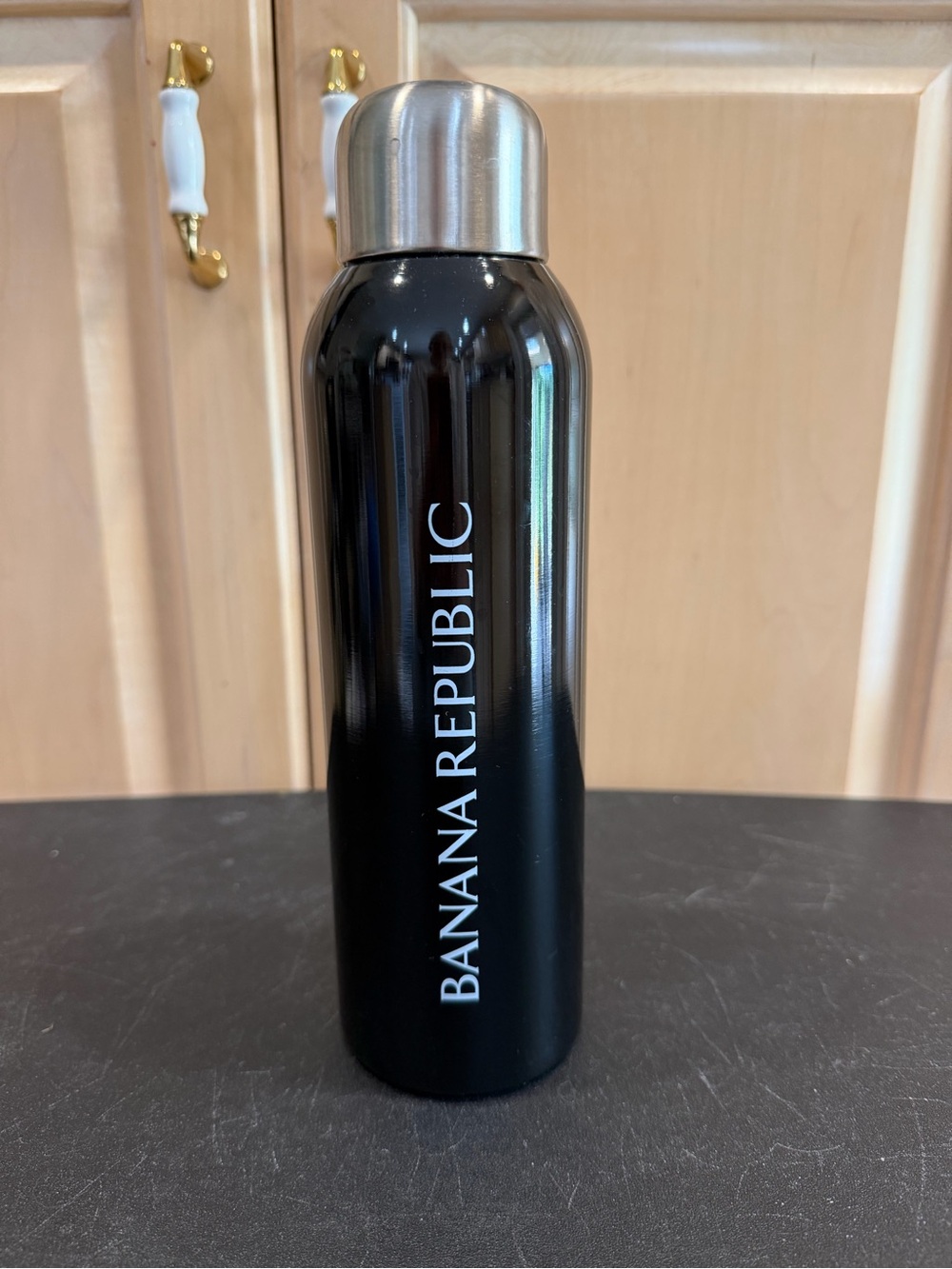 Banana Republic Black Stainless Steel Water Bottle with Silver Cap 17 oz.